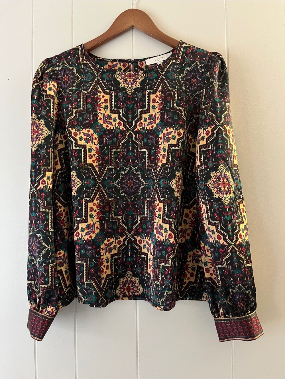 LOFT Black and Cream Geometric Floral Long-Sleeve Blouse